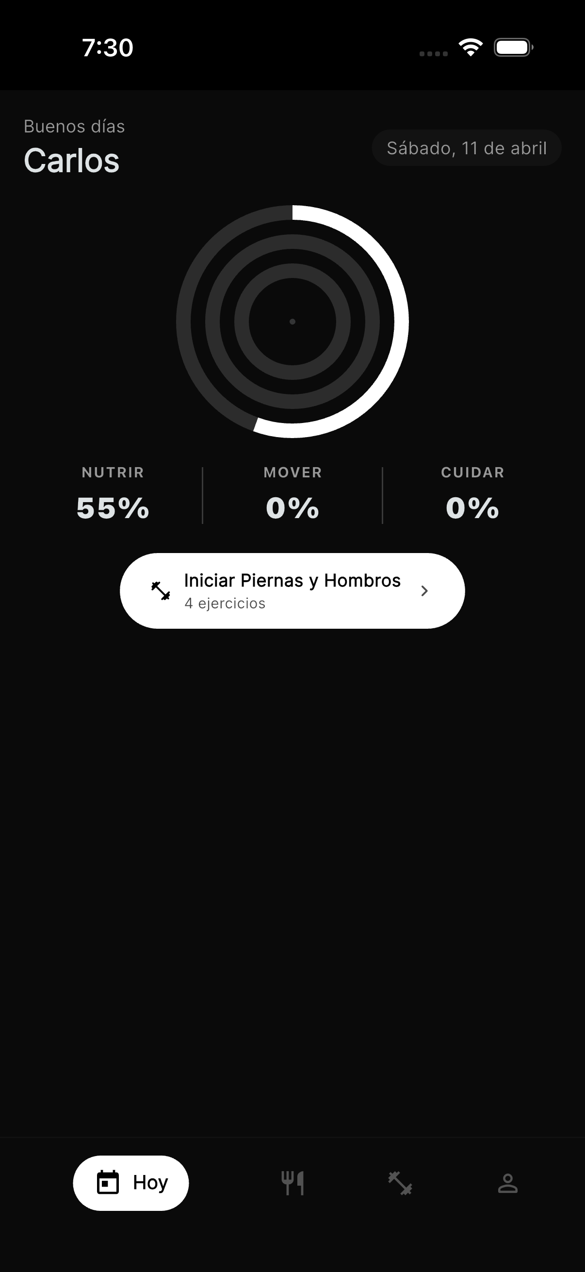 BEIKORA — pantalla Hoy con círculos NUTRIR, MOVER y CUIDAR