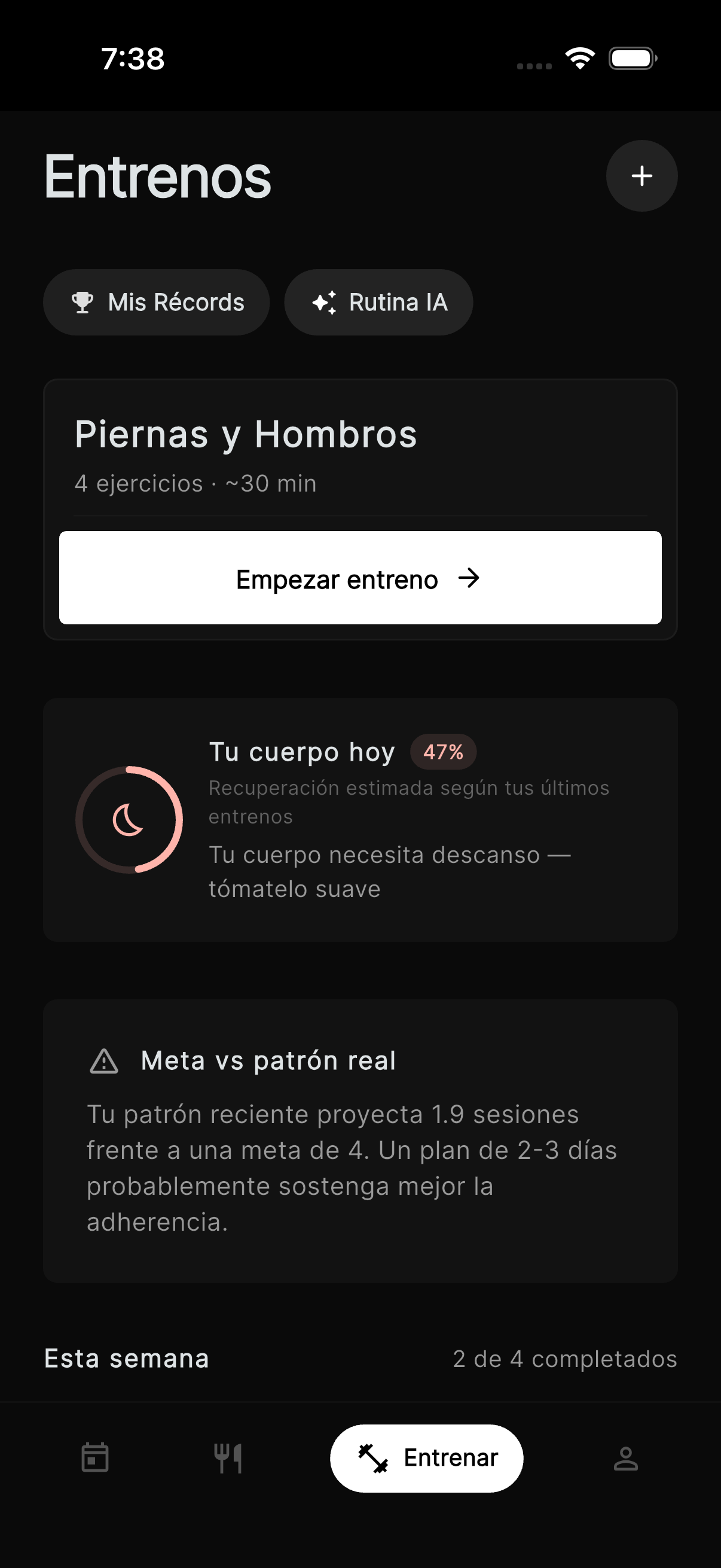 BEIKORA — pantalla de entrenos